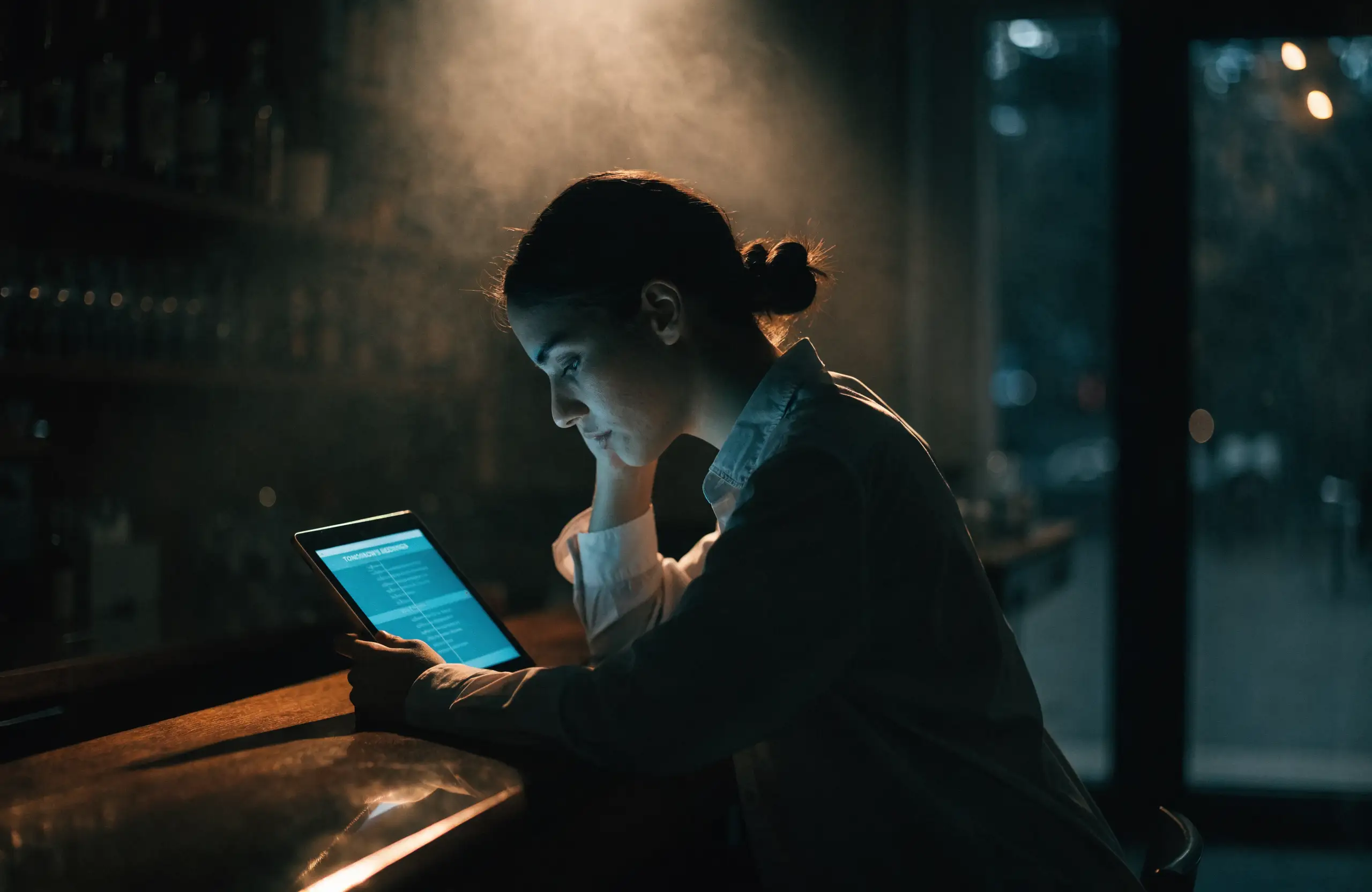 Cafe owner leaning on the counter at night, reading tomorrow’s bookings on a tablet